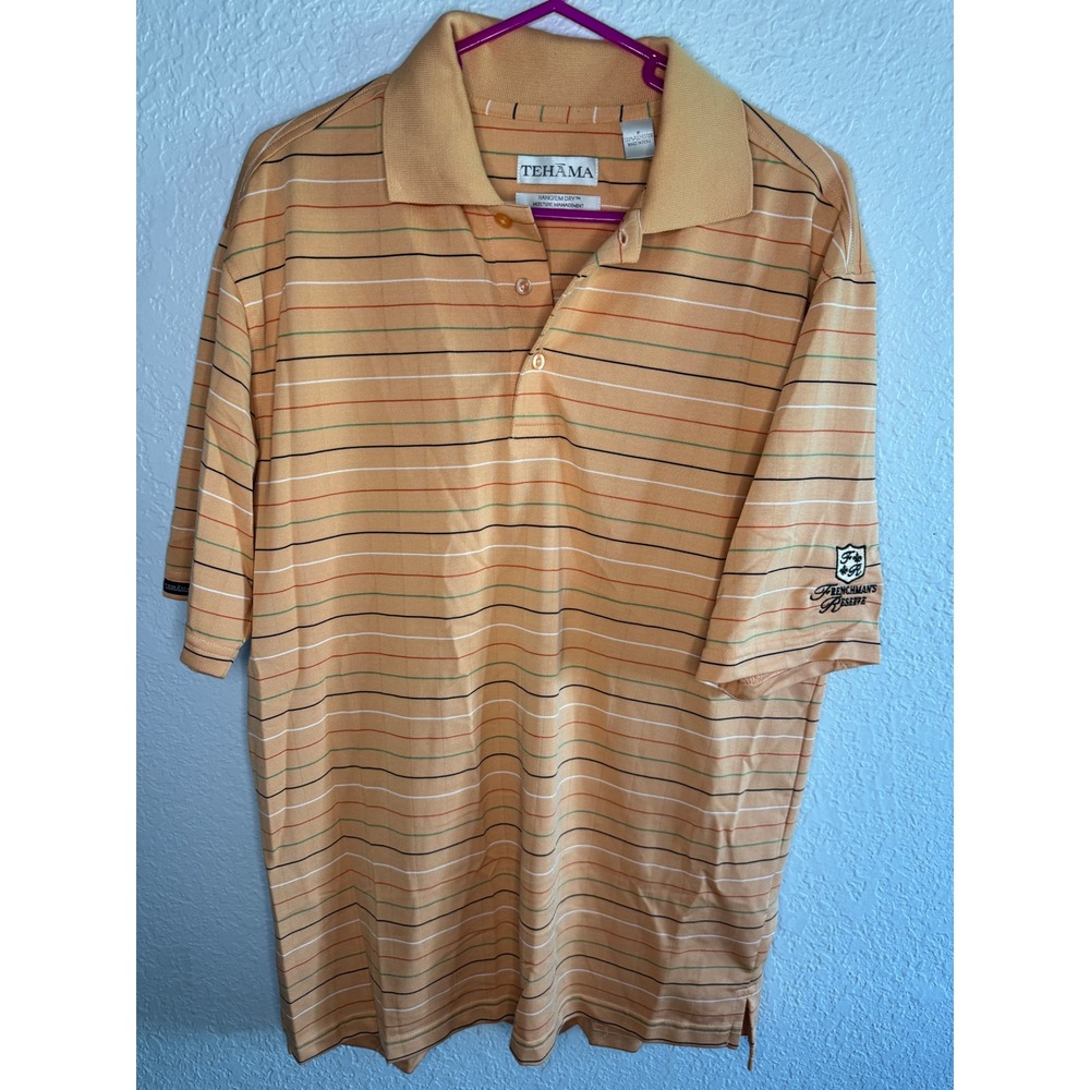 STRIPED Tehama Polo Shirt Mens Medium Orange Excellent